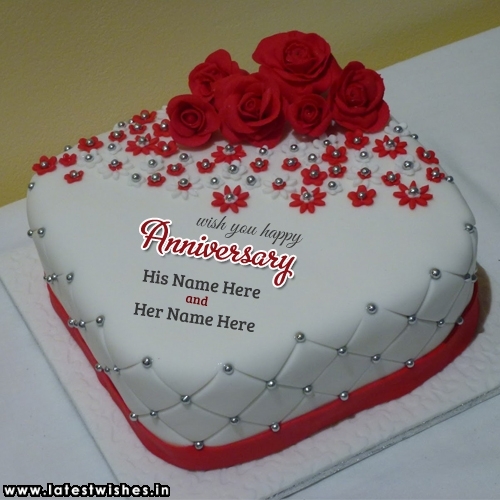 Write Name On Red Rose Flower Anniversary Cake