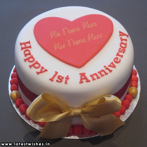 write couple name in 1st anniversary design cake image
